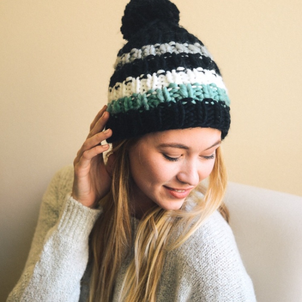 JUST IN Striped Pom Beanie - Cap - Picture 2 of 5